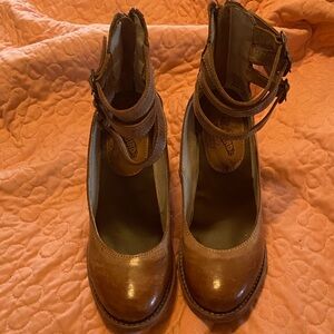 freebird Brown Leather Mary Jane Double-Strap Heels